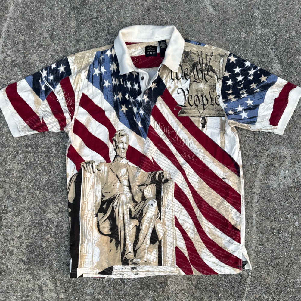 Clean Unique Patriotic Graphic Polo Shirt - Red, Blue, White Size L